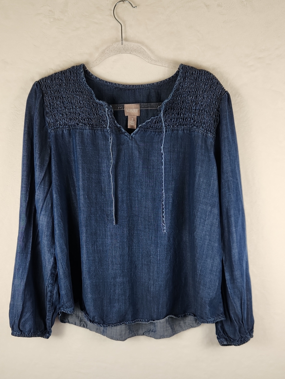 Chico's Blue Smocked Yoke Long Sleeve Peasant Blouse